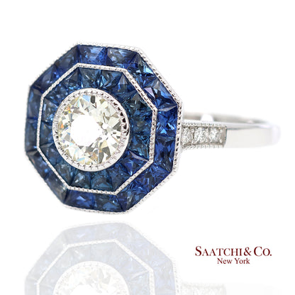 Platinum 950 Natural Diamond and Natural Sapphire Milgrain Ring