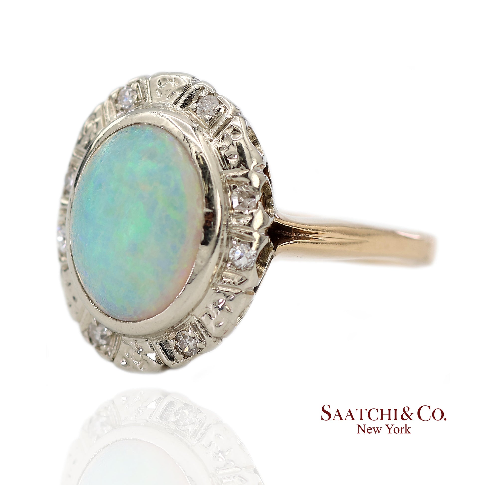 14K White and Yellow Gold Vintage Natural Diamond and Natural Opal Ring