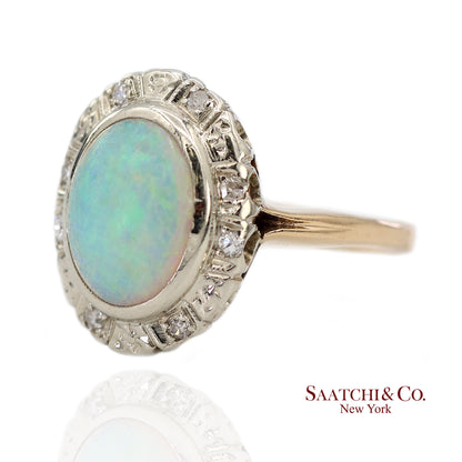 14K White and Yellow Gold Vintage Natural Diamond and Natural Opal Ring