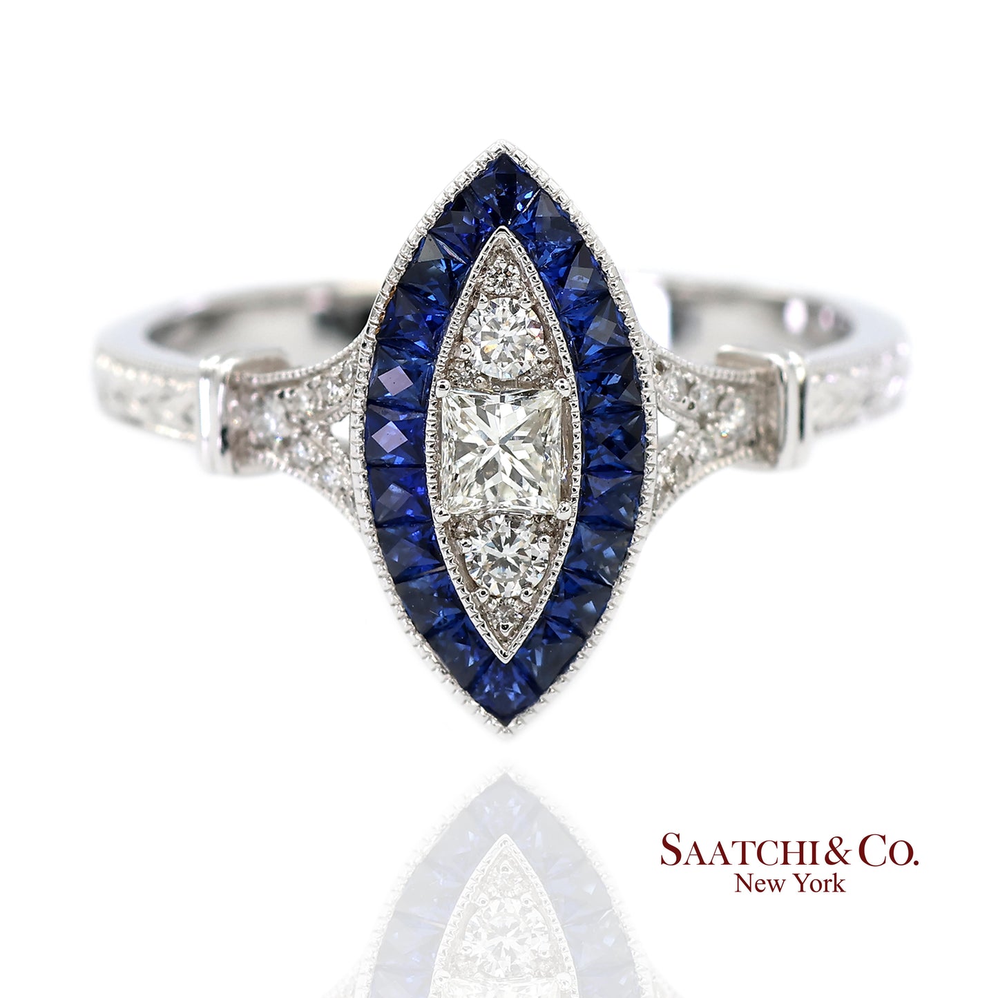 18K (750) White Gold Natural Diamond and Sapphire Marquise Milgrain Ring