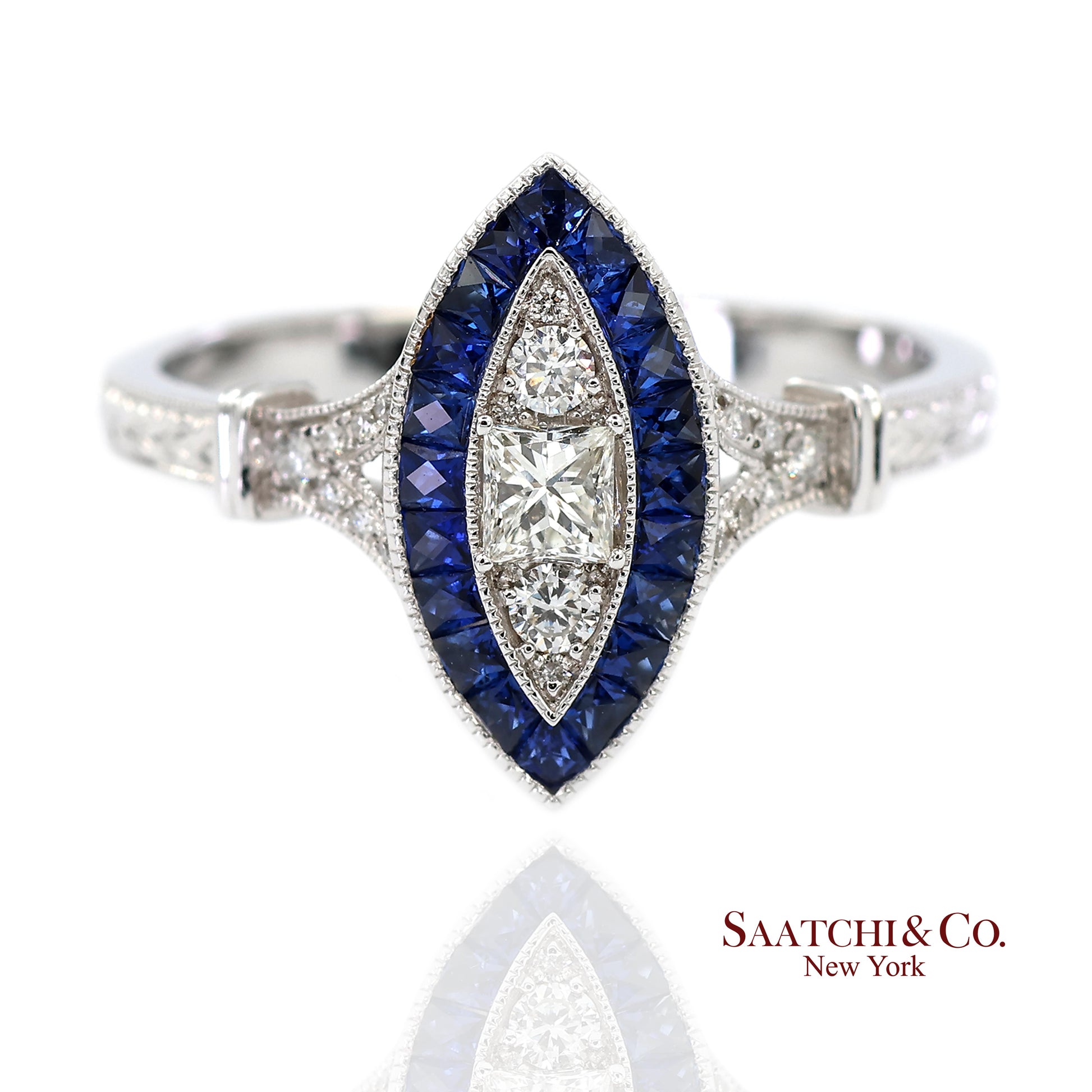 18K (750) White Gold Natural Diamond and Sapphire Marquise Milgrain Ring