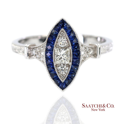 18K (750) White Gold Natural Diamond and Sapphire Marquise Milgrain Ring