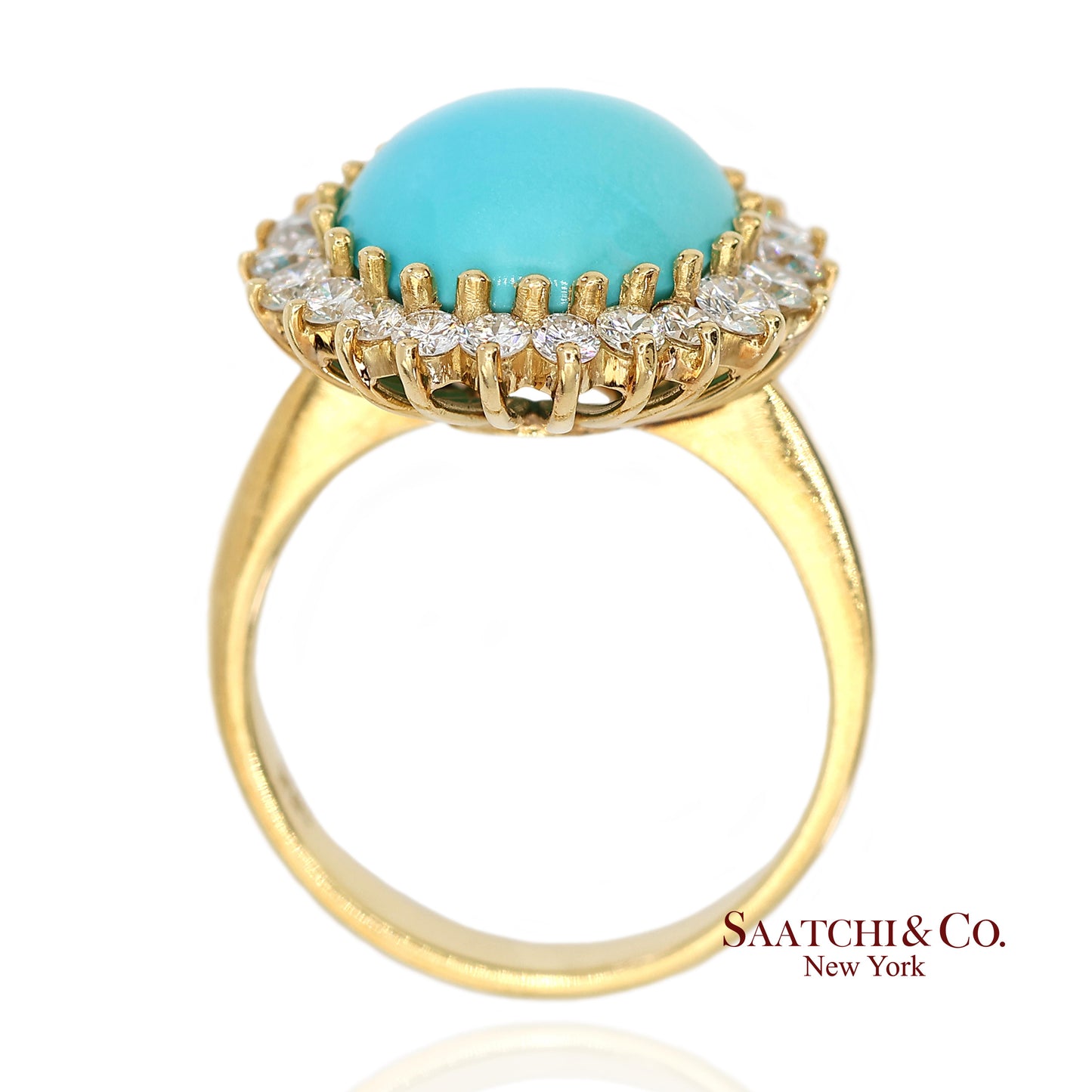 18K Yellow Gold Turquoise  Natural Diamond Halo Ring