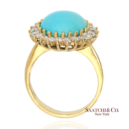 18K Yellow Gold Turquoise  Natural Diamond Halo Ring