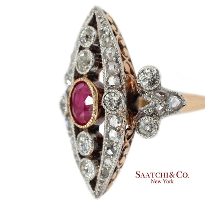Vintage 14K(585) Yellow and White Gold Natural Diamond and Ruby Ring