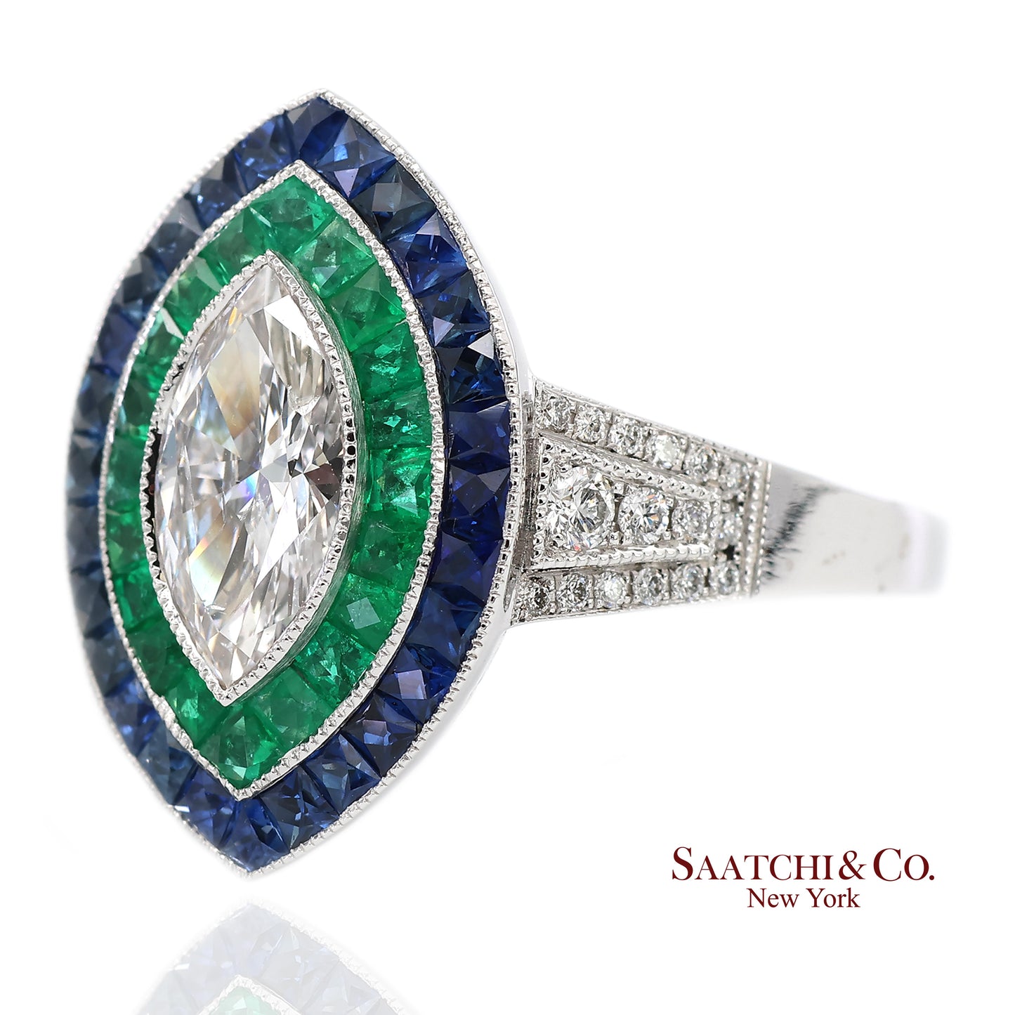 GIA_18K 750 Solid White Gold Natural Diamond Emerald and Sapphire Milgrain Ring