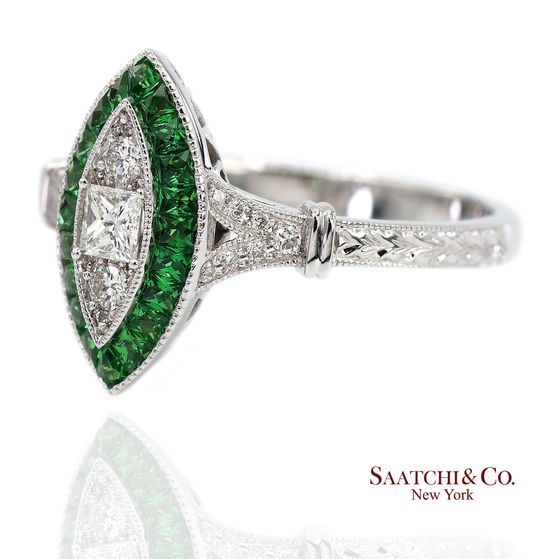 18K (750) White Gold Natural Diamond and Tsavorite Marquise Milgrain Ring
