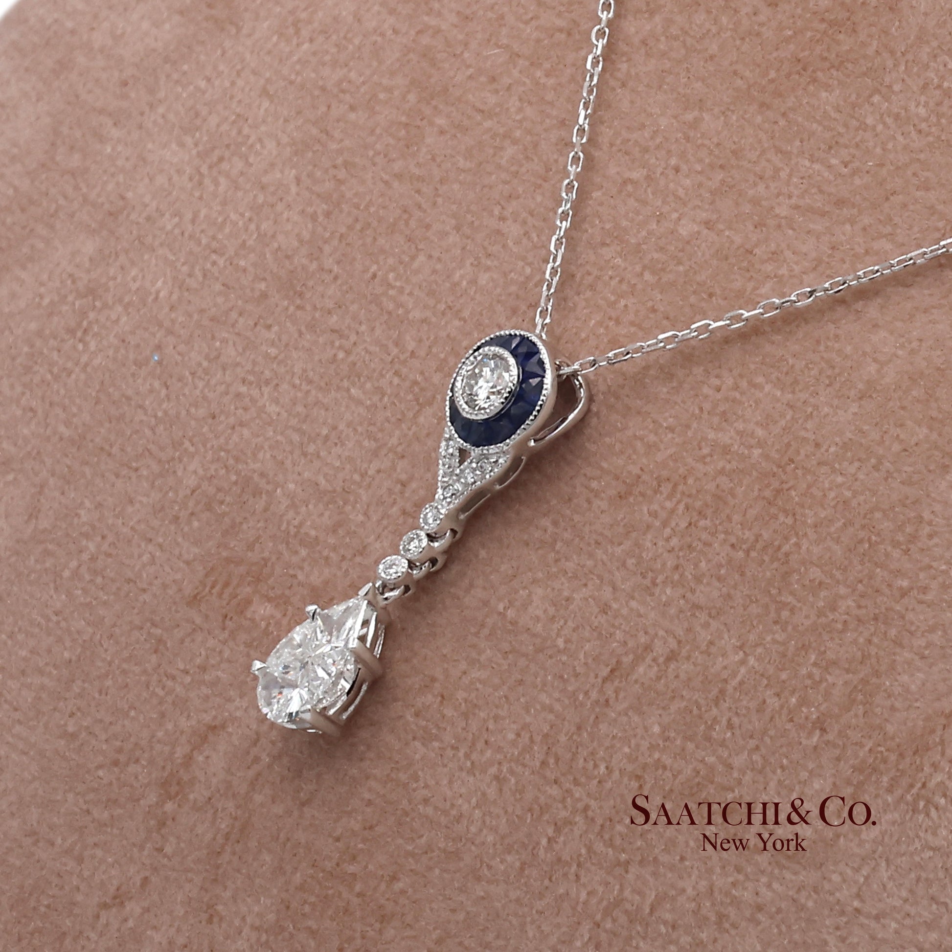18K White Gold Natural Diamond and Pie Cut Sapphire Pendant with 14K Gold Chain
