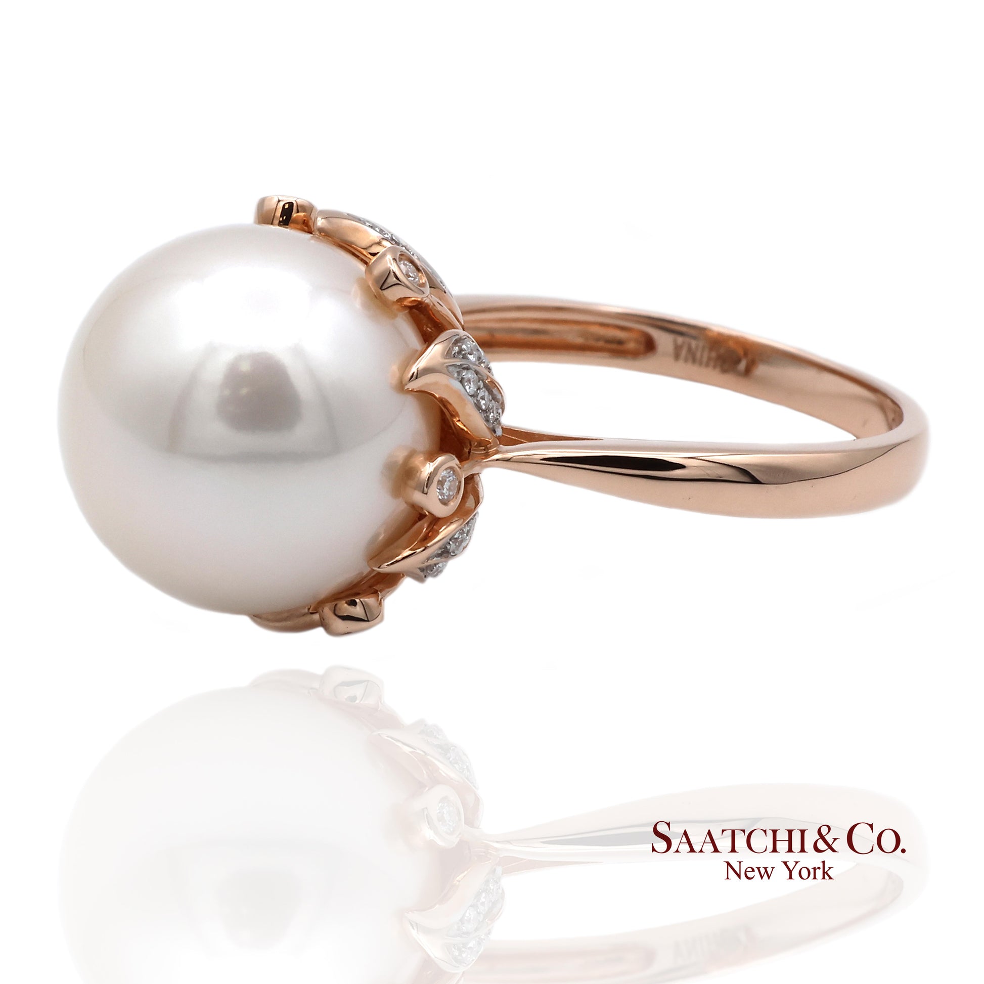 14K (585) Rose Gold Natural Brilliant Diamond and White Pearl Ring