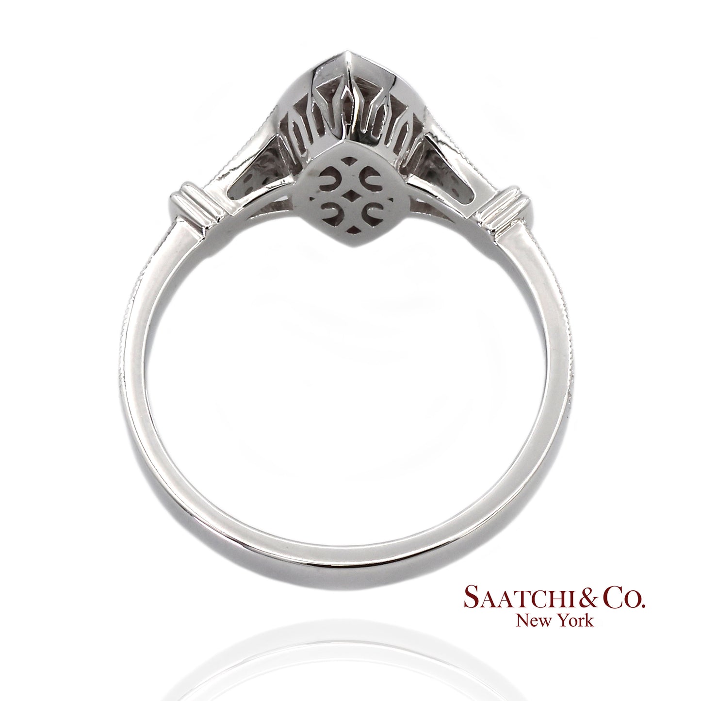 18K (750) White Gold Natural Diamond and Marquise Ruby Milgrain Ring