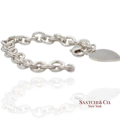Tiffany & Co. 925 Sterling Silver Heart Charm Cable Chain Bracelet