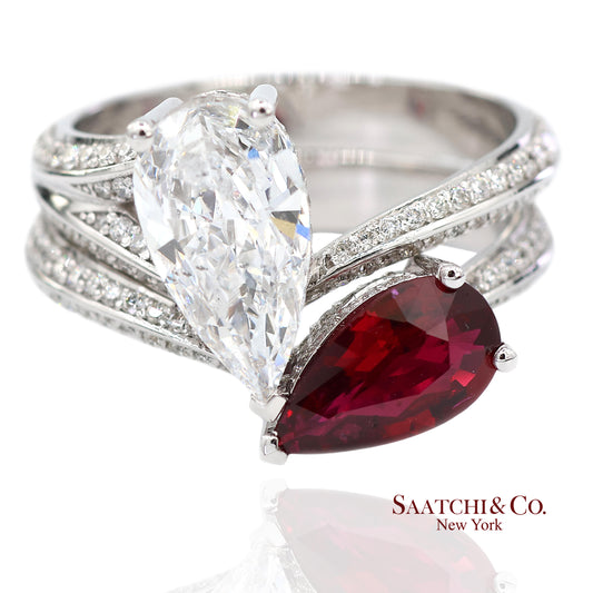 18K(750) Solid White Gold Natural Diamond and Ruby Toi et Moi Ring