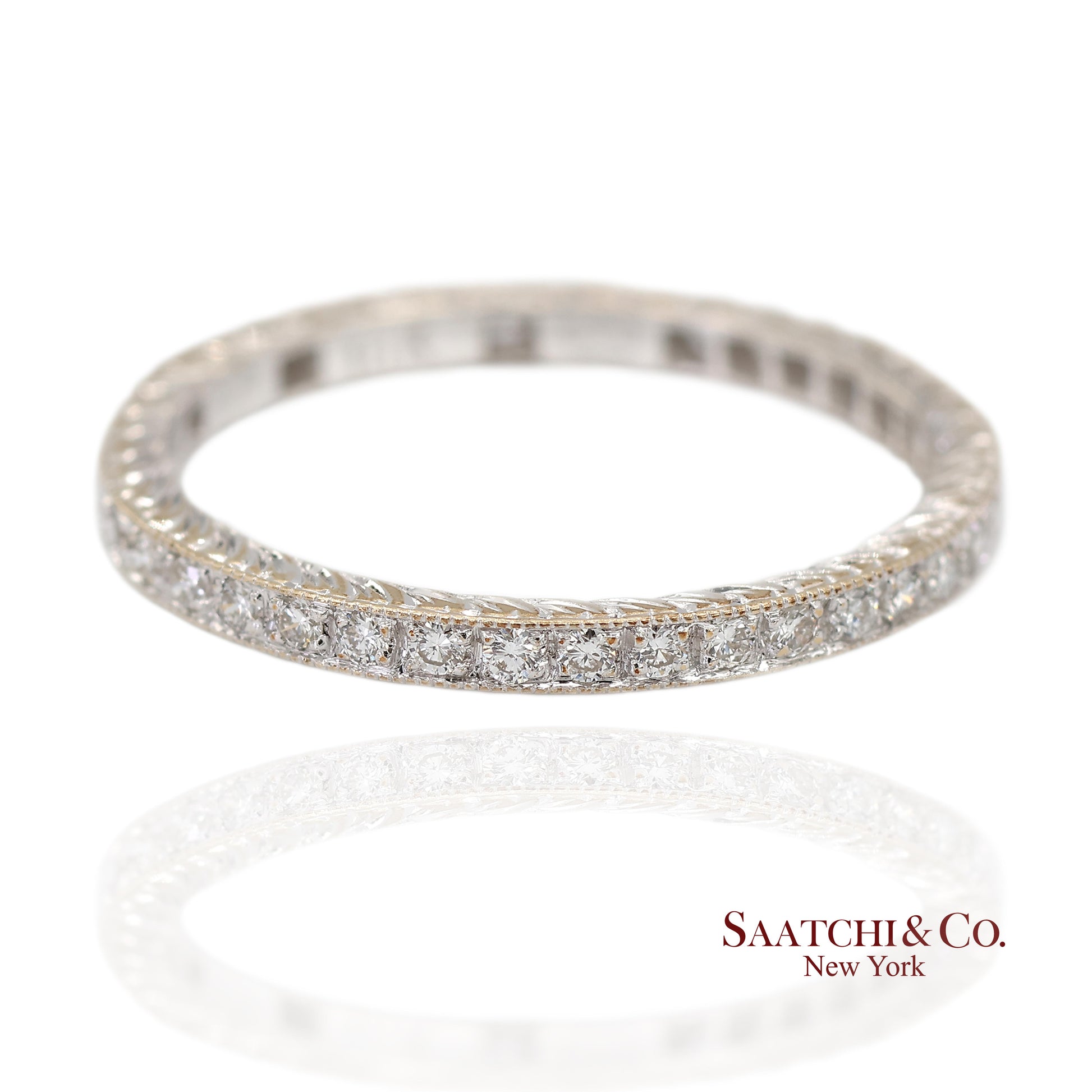 18K (750) White Gold Exquisite Hand Engraving and Milgrain Detailing Band Ring