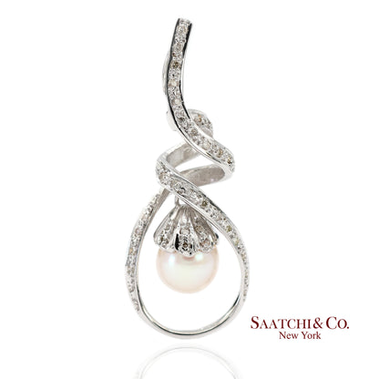 18K (750) White Gold Natural Diamond and White Pearl Pendant Necklace