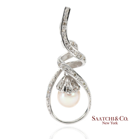 18K (750) White Gold Natural Diamond and White Pearl Pendant Necklace