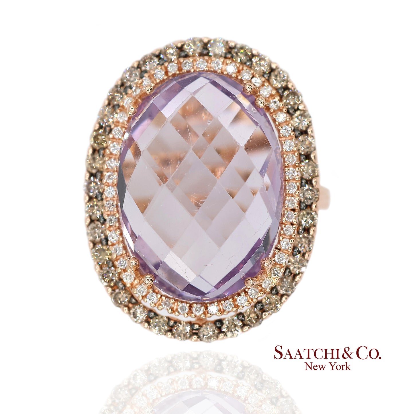 14K (585) Rose Gold Natural Diamond and Amethyst Ring
