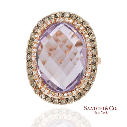 14K (585) Rose Gold Natural Diamond and Amethyst Ring