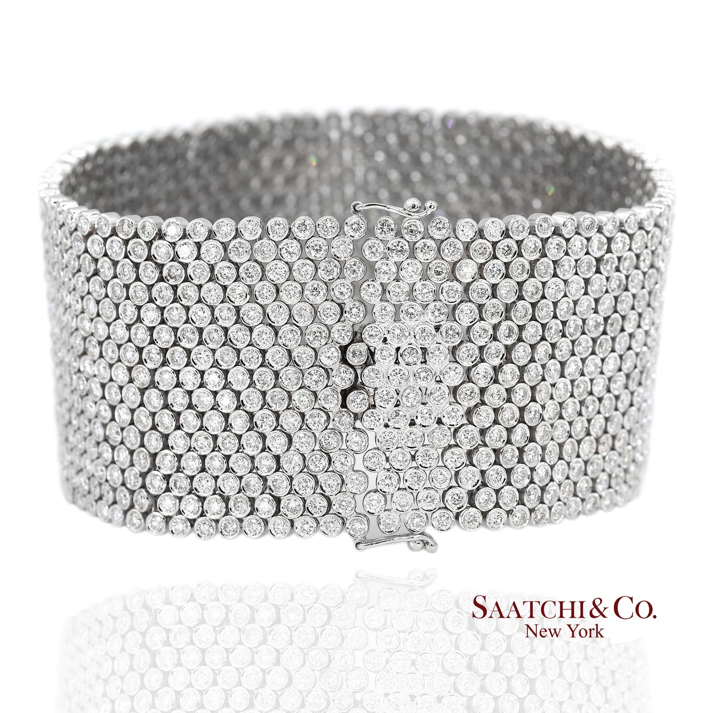 18K (750) White Gold Natural Diamond Wide Mesh Bracelet 15 Rows