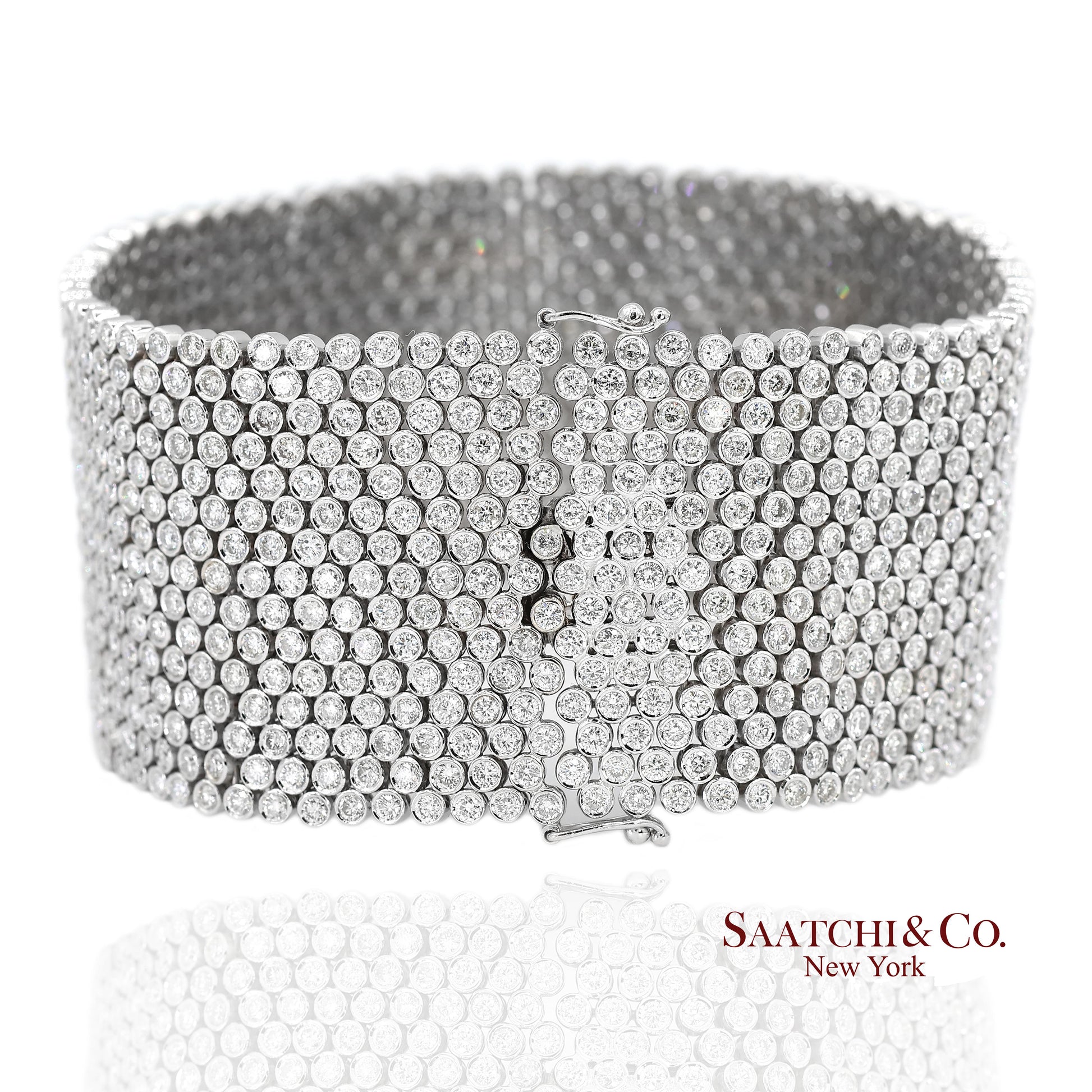 18K (750) White Gold Natural Diamond Wide Mesh Bracelet 15 Rows