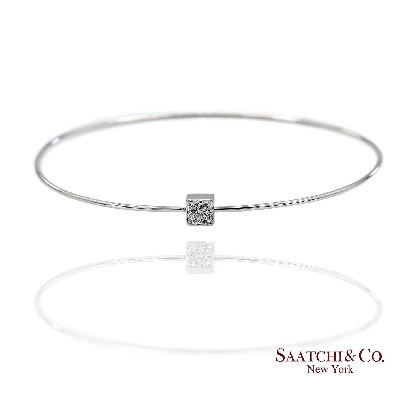 18K(750) Solid White Gold Natural Diamond Square Shape Bangle Bracelet