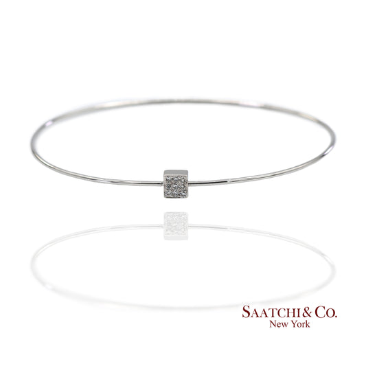 18K(750) Solid White Gold Natural Diamond Square Shape Bangle Bracelet