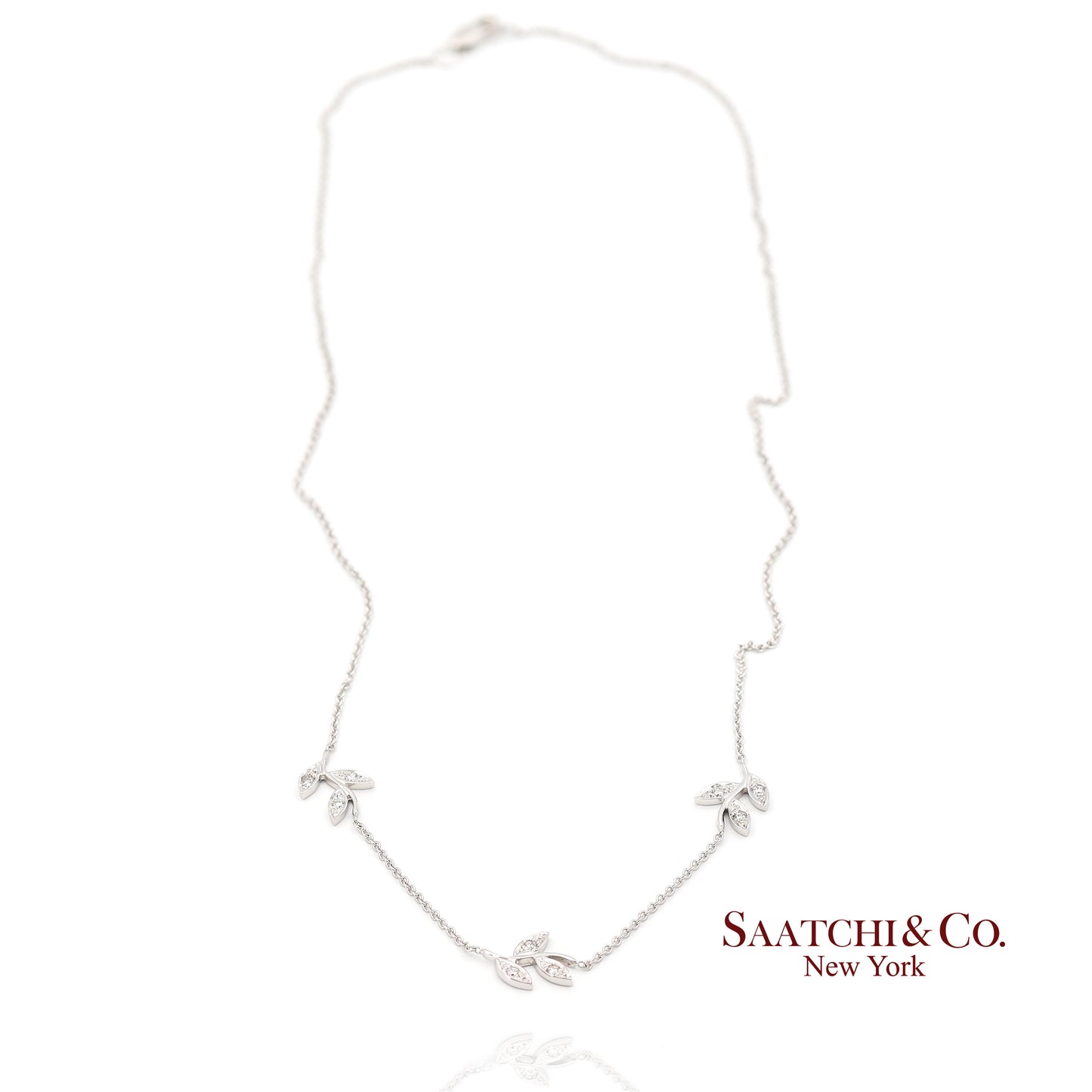 18K(750) White Gold Natural Diamond Leaf Pendant Necklace with Chain