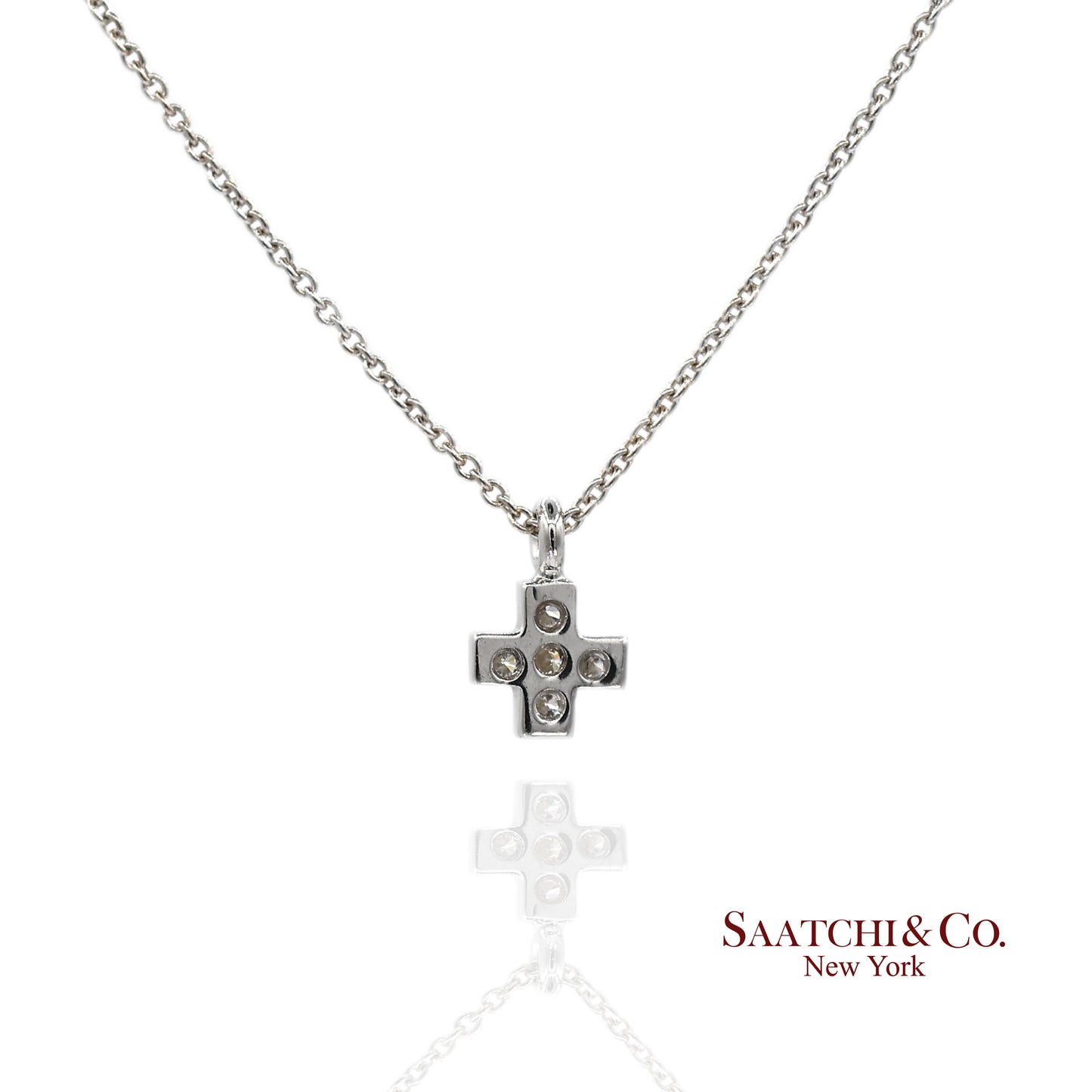 18K(750) White Gold Natural Diamond Small Cross Pendant Necklace with Chain
