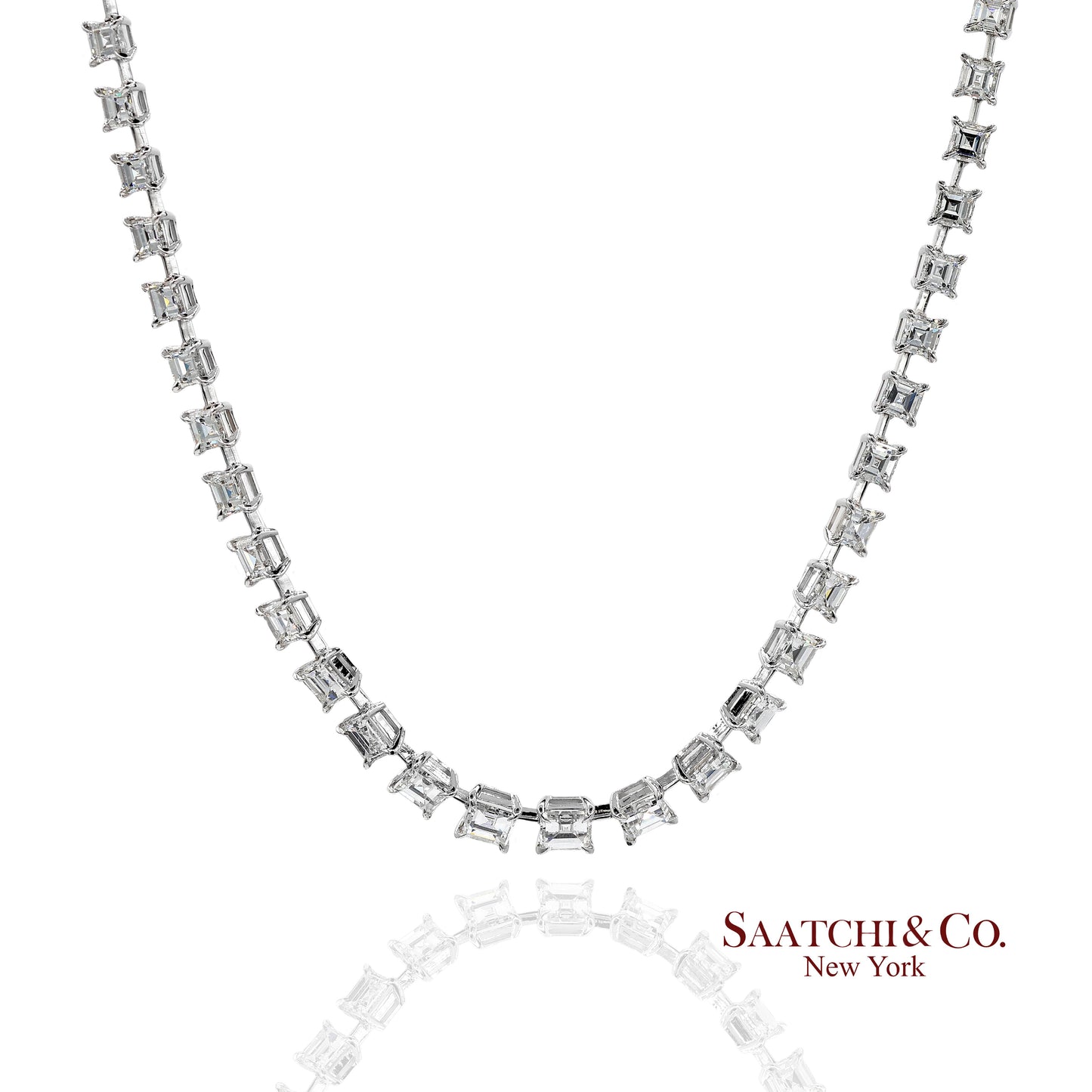 18K(750) White Gold Carre Cut Natural Diamond Tennis Necklace