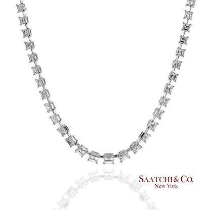 18K(750) White Gold Carre Cut Natural Diamond Tennis Necklace