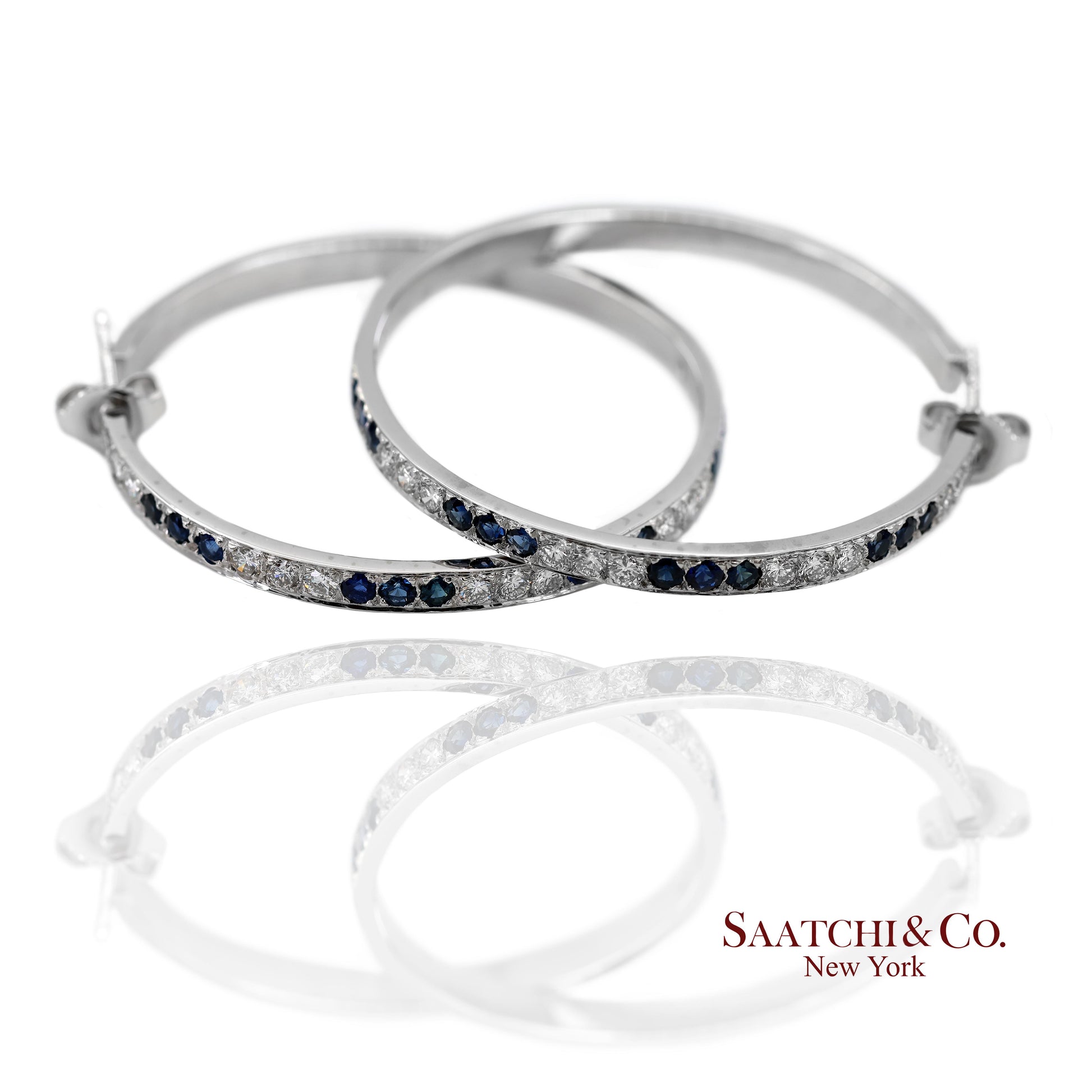 18K(750) Solid White Gold Natural Diamond and Sapphire Hoops Earrings