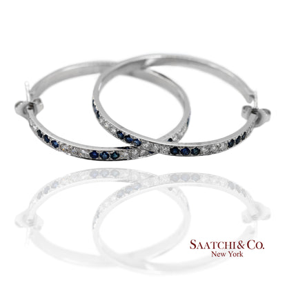 18K(750) Solid White Gold Natural Diamond and Sapphire Hoops Earrings