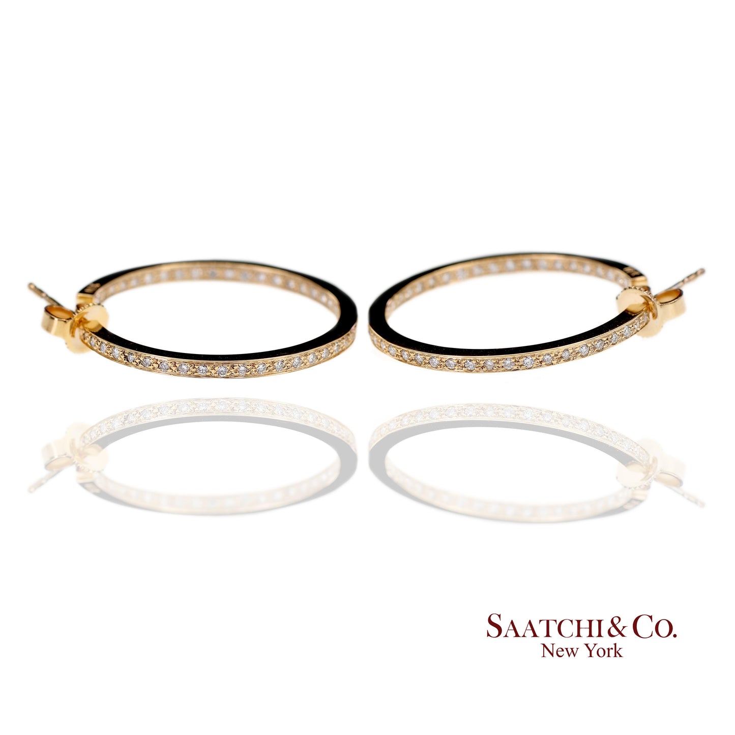 18K(750) Solid Yellow Gold In and Out Natural Diamond Hoop Earrings