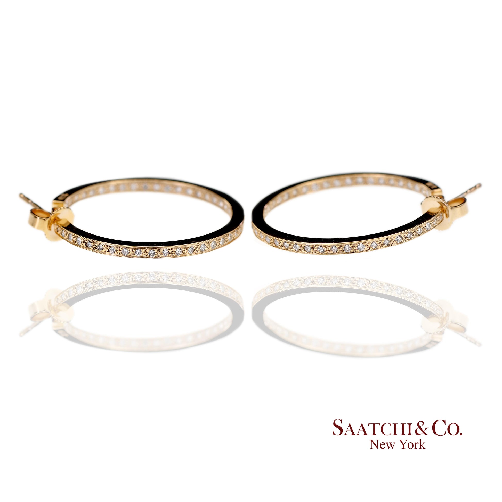 18K(750) Solid Yellow Gold In and Out Natural Diamond Hoop Earrings