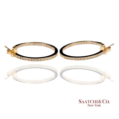 18K(750) Solid Yellow Gold In and Out Natural Diamond Hoop Earrings
