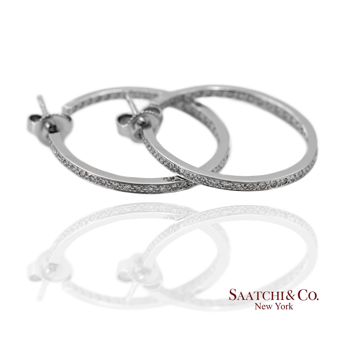 18K(750) Solid White Gold In and Out Natural Diamond Hoop Earrings