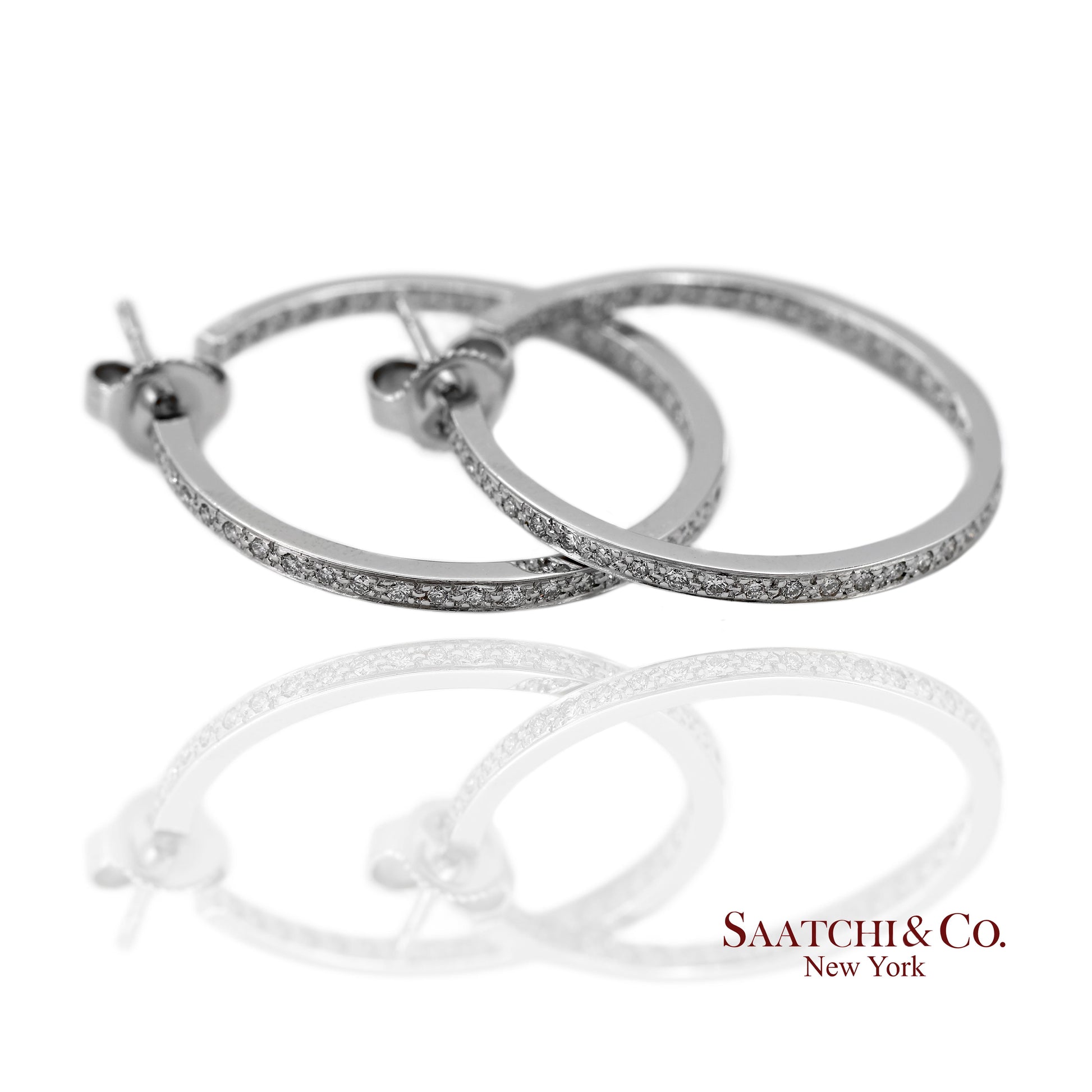 18K(750) Solid White Gold In and Out Natural Diamond Hoop Earrings
