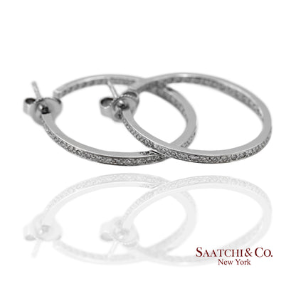 18K(750) Solid White Gold In and Out Natural Diamond Hoop Earrings