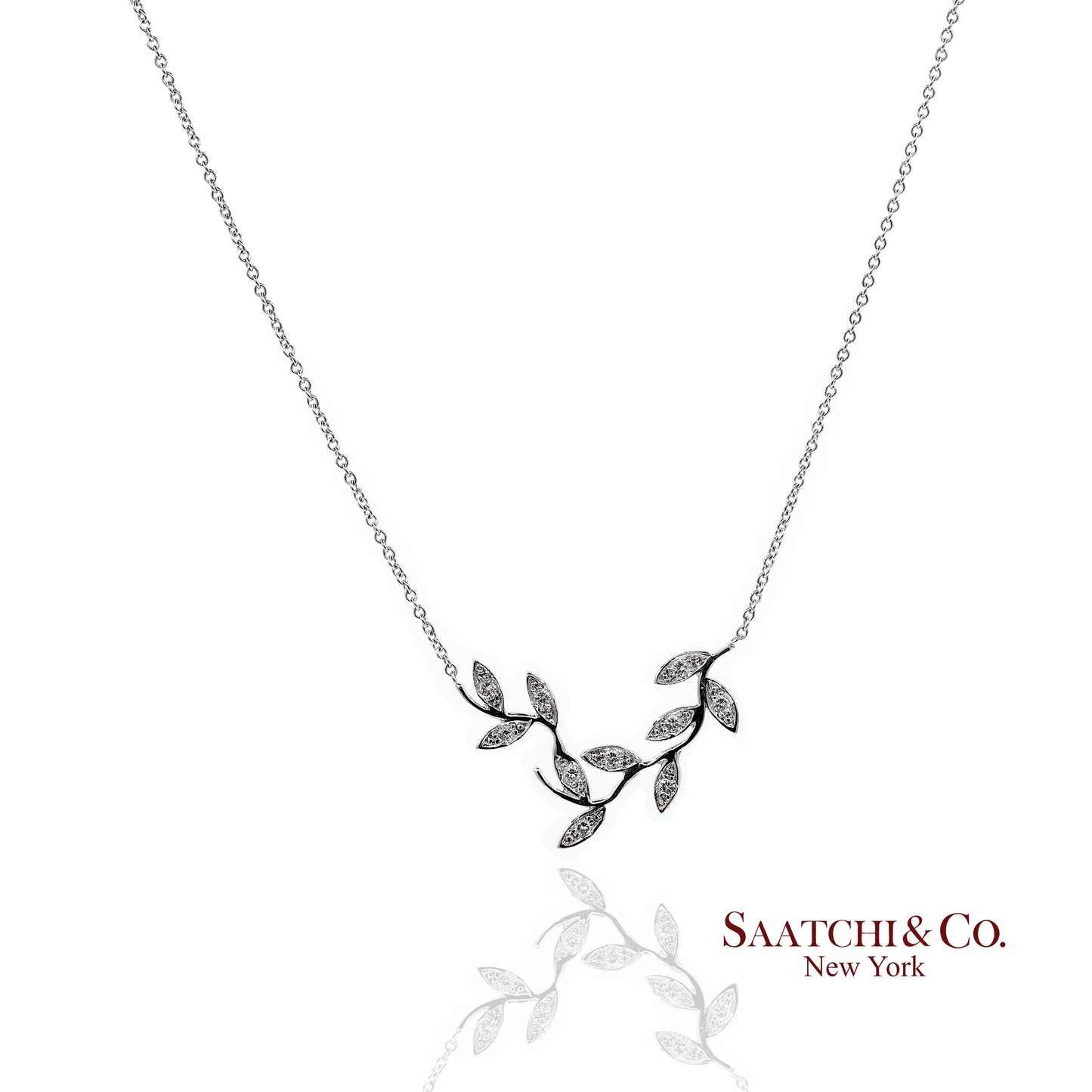 18K(750) White Gold Natural Diamond Leaf Shape Pendant Necklace with Chain