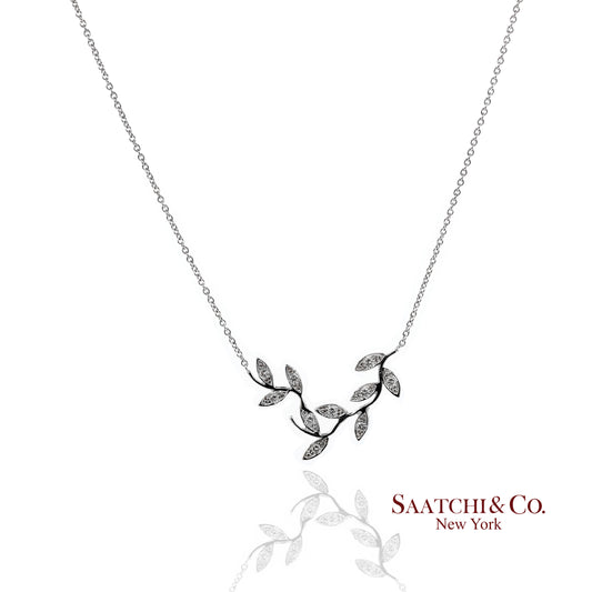 18K(750) White Gold Natural Diamond Leaf Shape Pendant Necklace with Chain