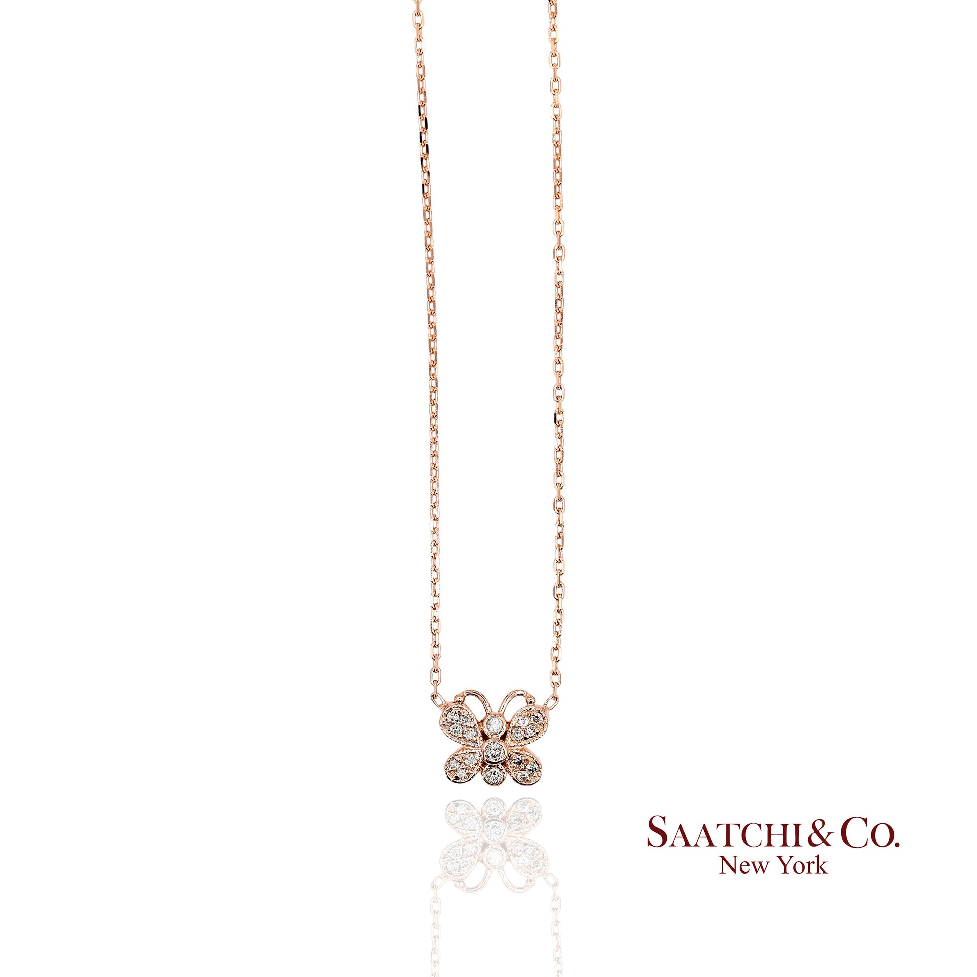 14K(585) Rose Gold Natural Diamond Butterfly Pendant Necklace with Chain