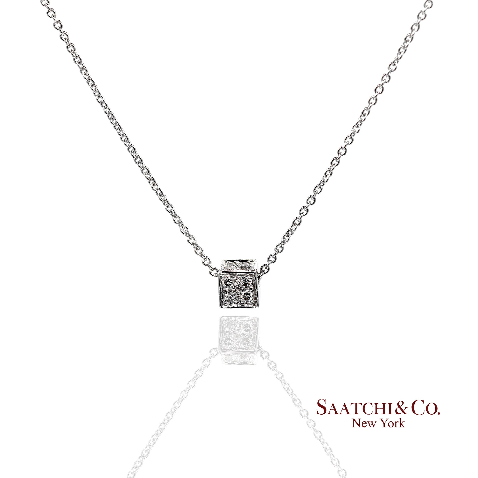 18K(750) White Gold Natural Diamond Box Shape Pendant Necklace with Chain