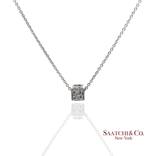 18K(750) White Gold Natural Diamond Box Shape Pendant Necklace with Chain