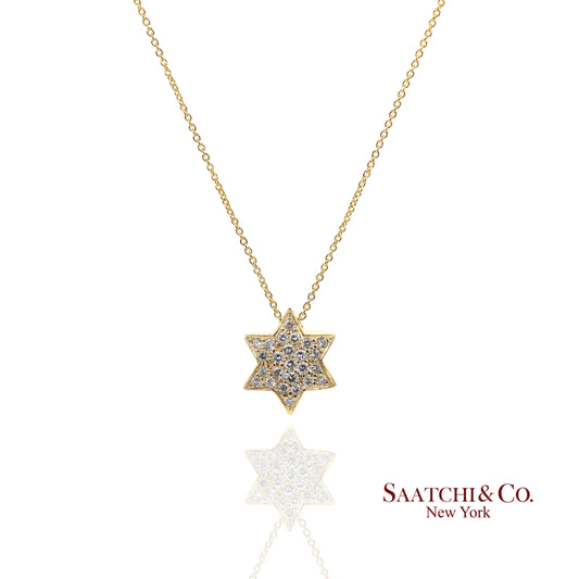 18K(750) Yellow Gold Natural Diamond Star Shape Pendant Necklace with Chain