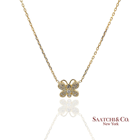 14K(585) Yellow Gold Natural Diamond Butterfly Pendant Necklace with Chain