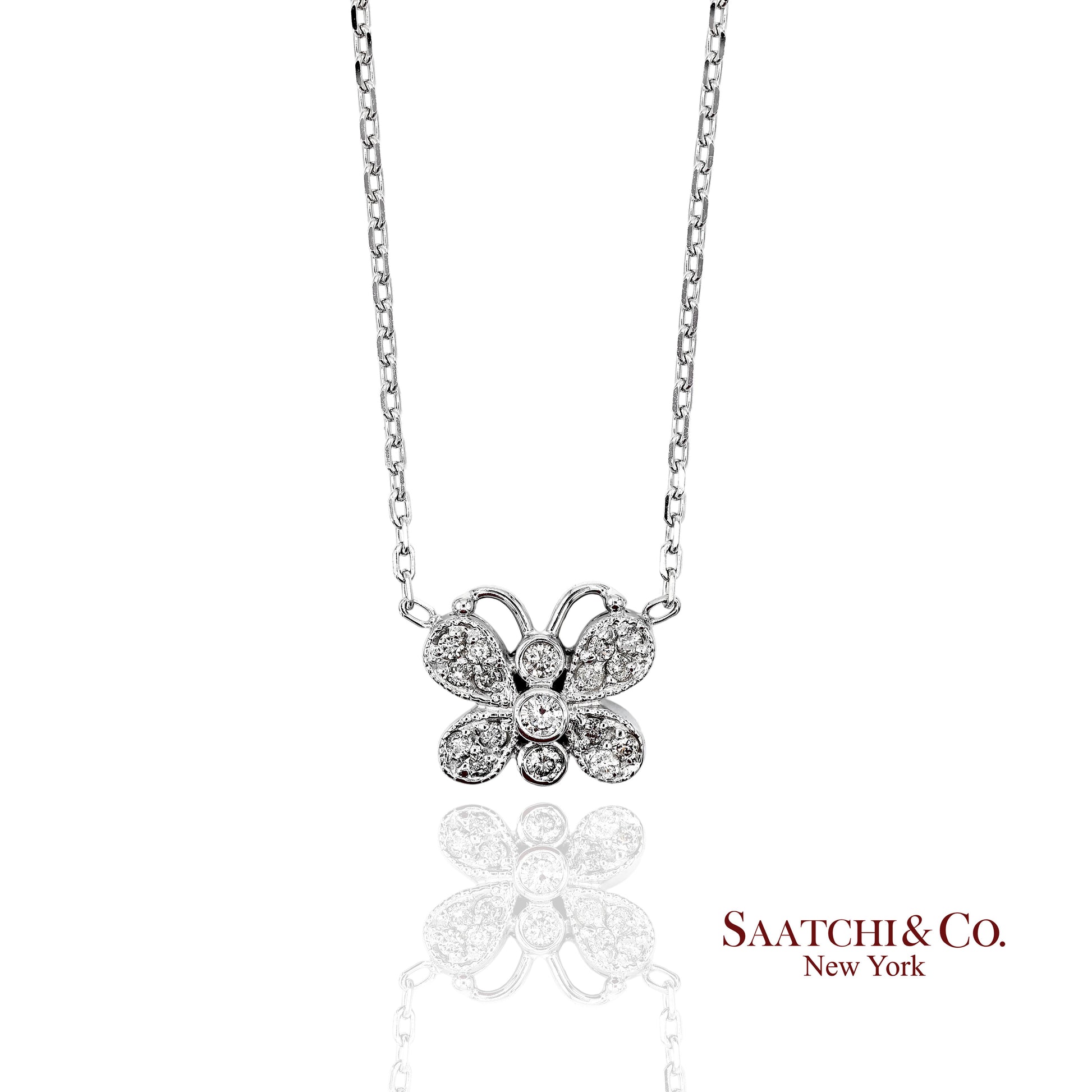 14K(585) White Gold Natural Diamond Butterfly Pendant Necklace with Chain