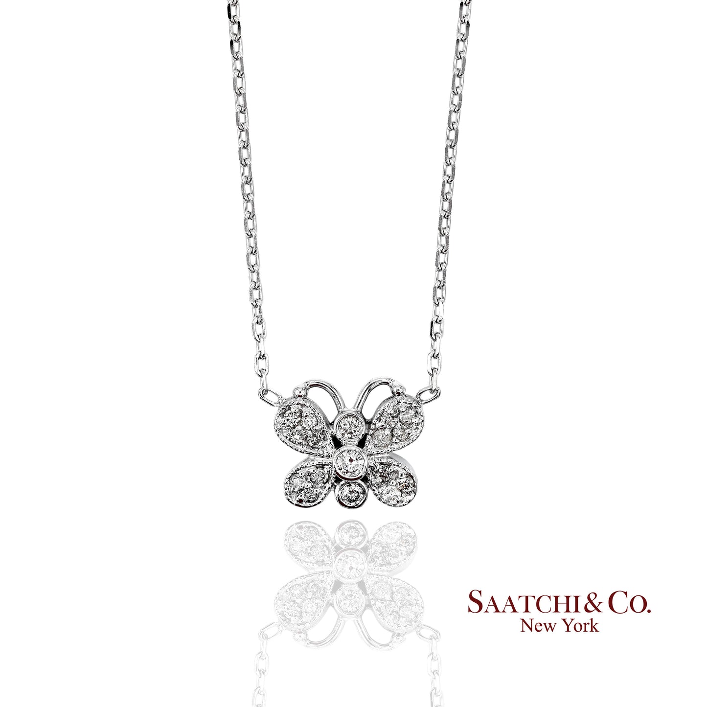14K(585) White Gold Natural Diamond Butterfly Pendant Necklace with Chain