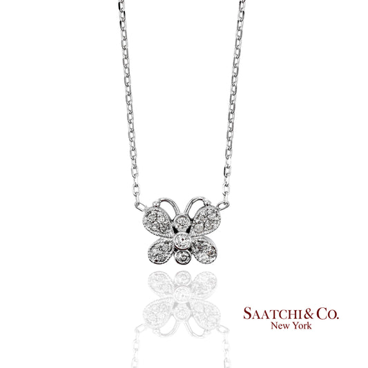 14K(585) White Gold Natural Diamond Butterfly Pendant Necklace with Chain