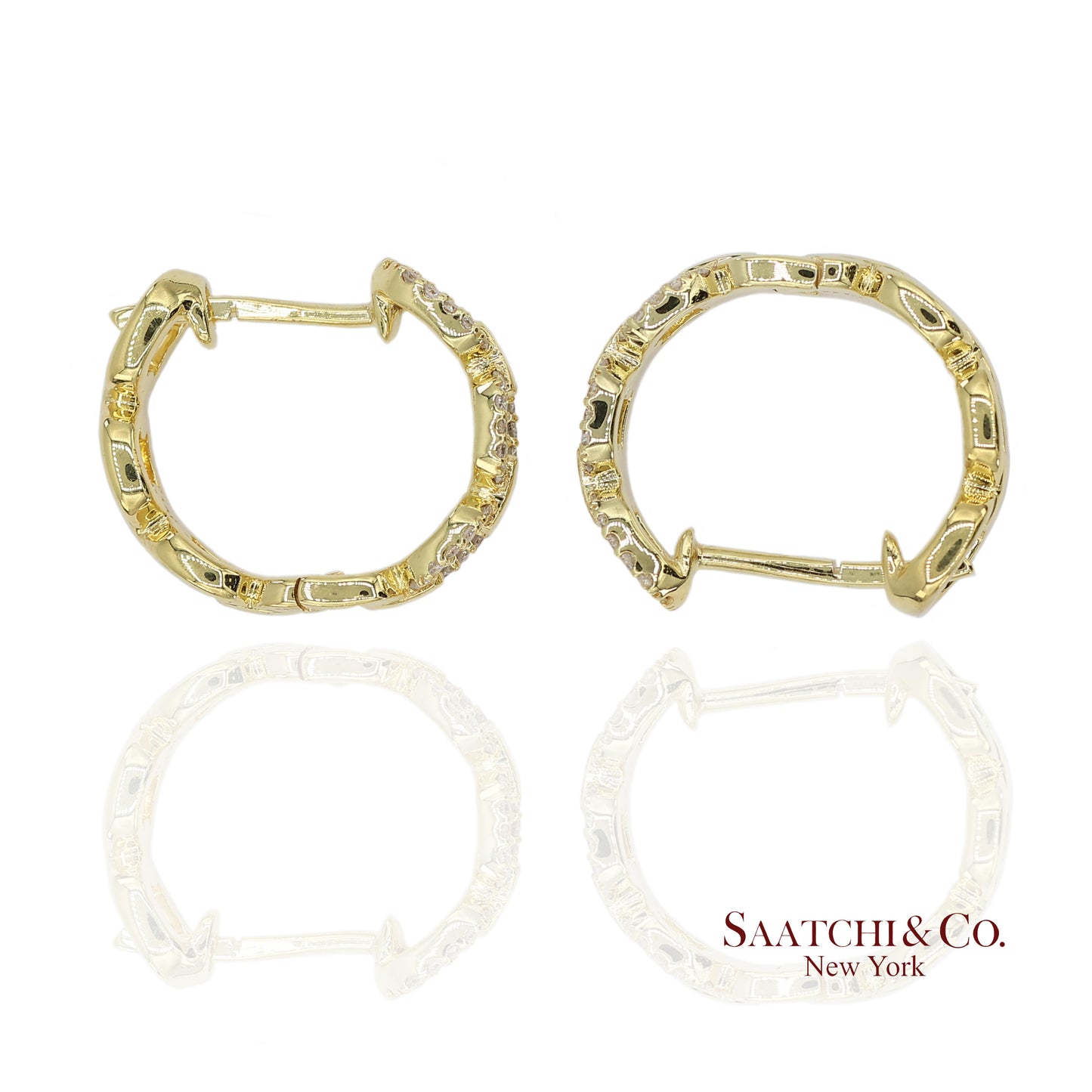 14K(585) Solid Yellow Gold Natural Diamond Link Chain Huggies Earrings