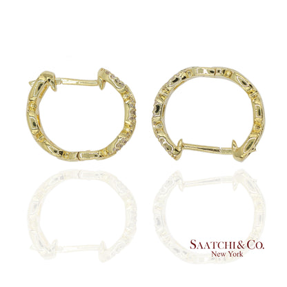 14K(585) Solid Yellow Gold Natural Diamond Link Chain Huggies Earrings