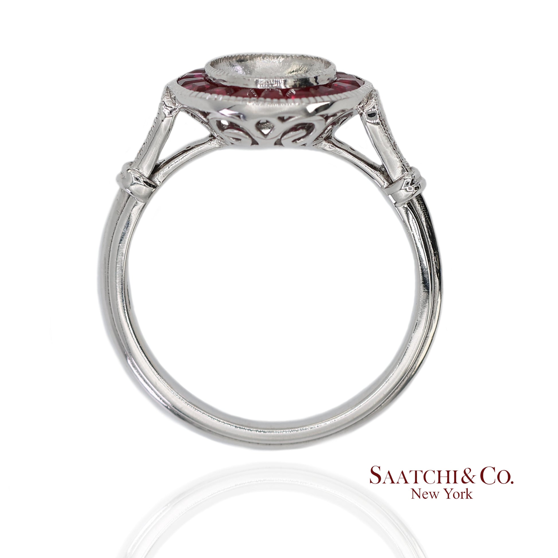 14K (585) White Gold Natural Brilliant Diamond Semi Mount Ruby Ring Size 7